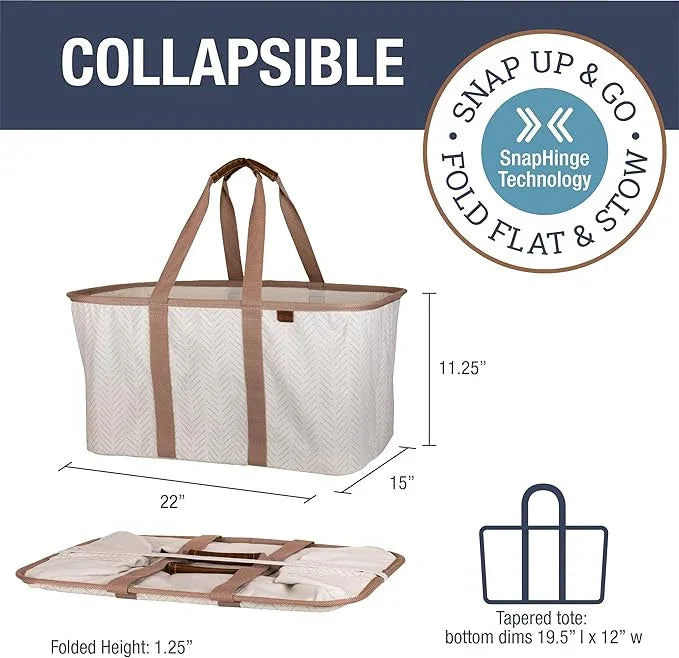 CleverMade Collapsible Laundry Tote - LUXE Cream Herringbone 2Pack 50L -Foldable Storage Organization Container Clothes Laundry Room Storage Solution - NeatNest