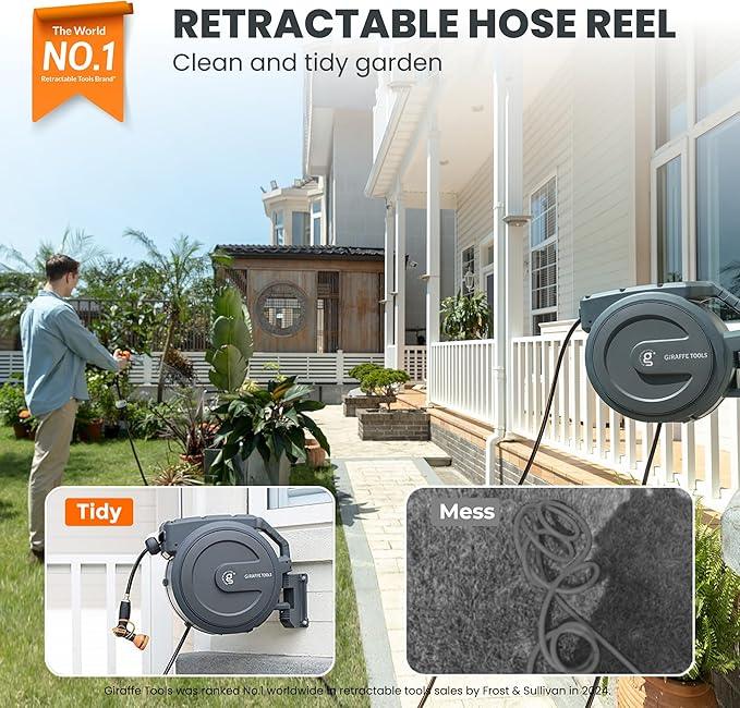 Giraffe Tools Retractable Garden Hose Reel 1/2 Inch x 130 ft, Super Heavy Duty, Any Length Lock, Slow Return System, Wall Mounted and 180 Deg Swivel Bracket - NeatNest