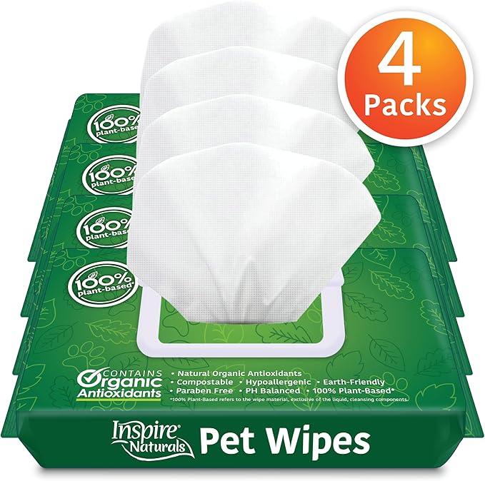 Inspire Naturals Pet Wipes for Dogs and Cats 100% Natural Plant Based with Organic Antioxidants, Dog Wipe Cleaning Deodorizing | Cat Wipes | Puppy Wipes | Dog Wipes for Paws and Butt (200ct - 4 Pack) - NeatNest