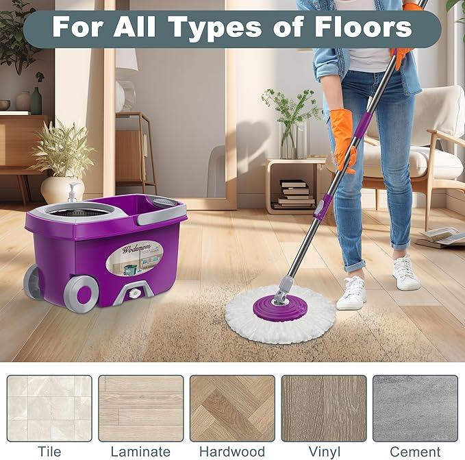 Dual Compartment Spin Mop and Bucket, Mop and Bucket with Wringer Set,360°Rotating Spinning Mopping for Floor Cleaning with 6 Microfiber Replacement Heads, 61" Extended Handle, 2X Wheel - NeatNest