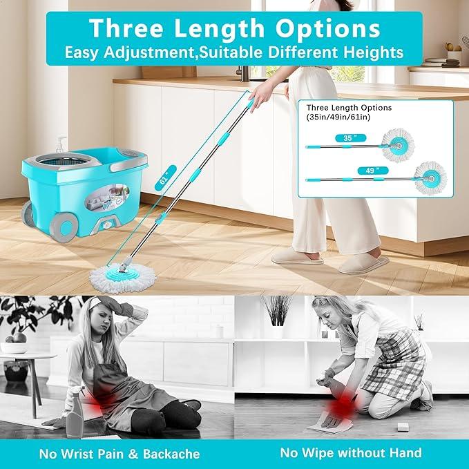 FunClean Spin Mop and Bucket,Mop and Bucket with Wringer Set for Home,360 Spinning Mopping Floor Cleaning Tool with 6 Microfiber Replacement Head Refills,61" Extended Handle, 2X Wheel - Blue - NeatNest
