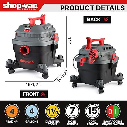 Shop-Vac 5430096 Wet/Dry Vacuum, 4 Gallon, 4 Peak HP, 1.25 Inch Diameter x 7 Foot Hose, 15 Foot Cord, Ideal for Jobsite, Garage, Workshop & Home - NeatNest