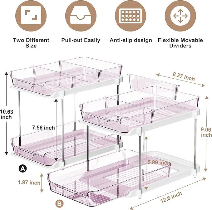 Delamu 2-Tier Multi-Purpose Bathroom Under Sink Organizers and Storage, Stackable Kitchen Pantry Organization, Pull Out Medicine Cabinet Organizer with Movable Dividers, Purple, 2 Pack - NeatNest