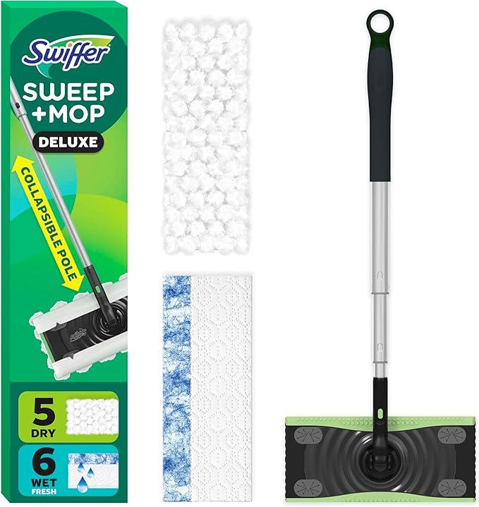 Swiffer Sweep & Mop Deluxe 2-in-1 Floor Mopping and Sweeping Kit, Multi-Surface Kit for Floor Cleaning, Includes 1 Sweeper Device, 5 Heavy Duty Dry Sweeping Cloths, 6 Heavy Duty Wet Mopping Cloths - NeatNest