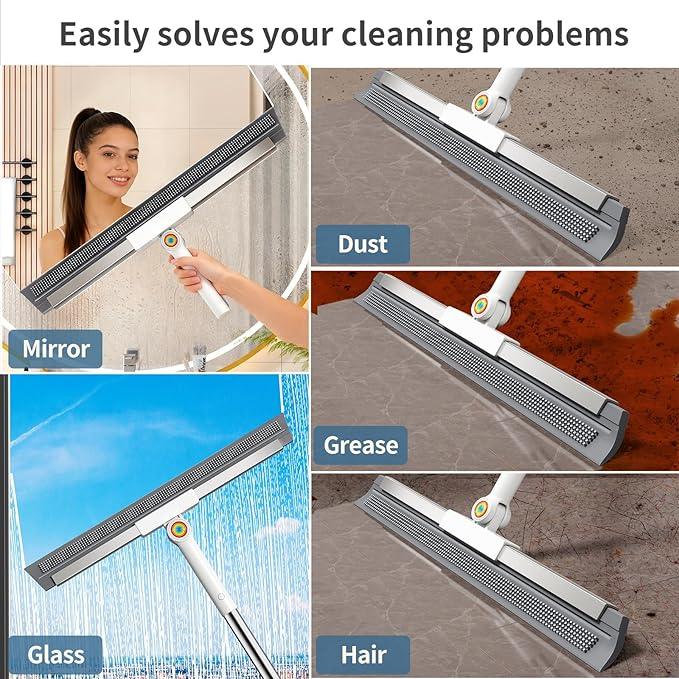 Squeegee Broom for Floor, Rubber Silicone Magic Broom with 180° Rotating Head & 63" Long Handle, Floor Squeegee Broom for Indoor/Outdoor Floor Cleaning, Pet Hair, Tile, Garage Concrete, Glass - NeatNest
