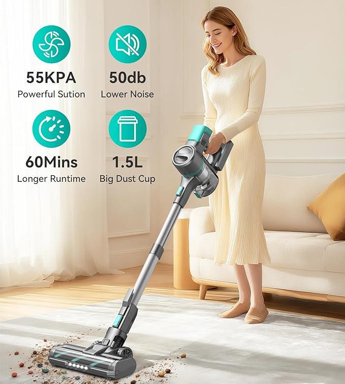 S10K Cordless Vacuum Cleaner, 55Kpa 60mins Lightweight Stick Vacuum with Powerful Suction for Home, Rechargeable, Self-Standing, Handheld Vacuum Cleaners for Hardwood Floors, Carpets, Pet Hair - NeatNest