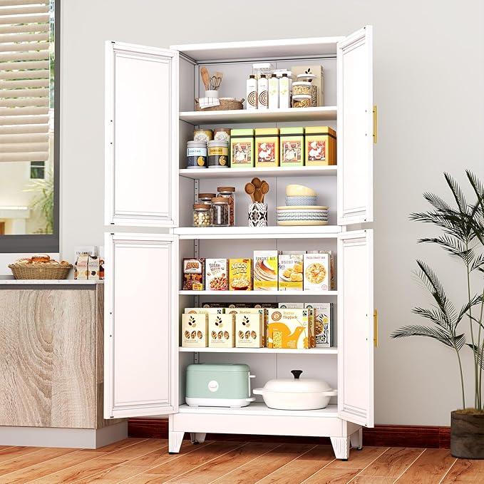 75" H Tall Kitchen Pantry Cabinet, Pantry Storage with Doors and 3 Adjustable Shelves, Metal Storage, Cupboard for Kitchen, White - NeatNest