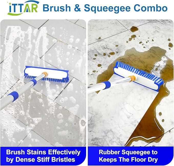 ITTAR 12" Wide Floor Scrub Brush with Long Handle, 2-in-1 Deck Cleaning Brush with 55" Extendable Pole, Heavy-Duty Tub Tile Scrubber Cleaner Brush for Shower Floor, Kitchen, Patio, Garage, Restaurant - NeatNest