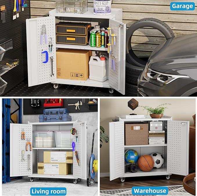 SUXXAN Metal Storage Cabinet with 2 Doors and 4 Hooks,34" H Top Workbench Mobile Tool Chests Garage Cabinets with 4 Wheels and Lock/Push Arm for Home,Office,Shop(White) - NeatNest