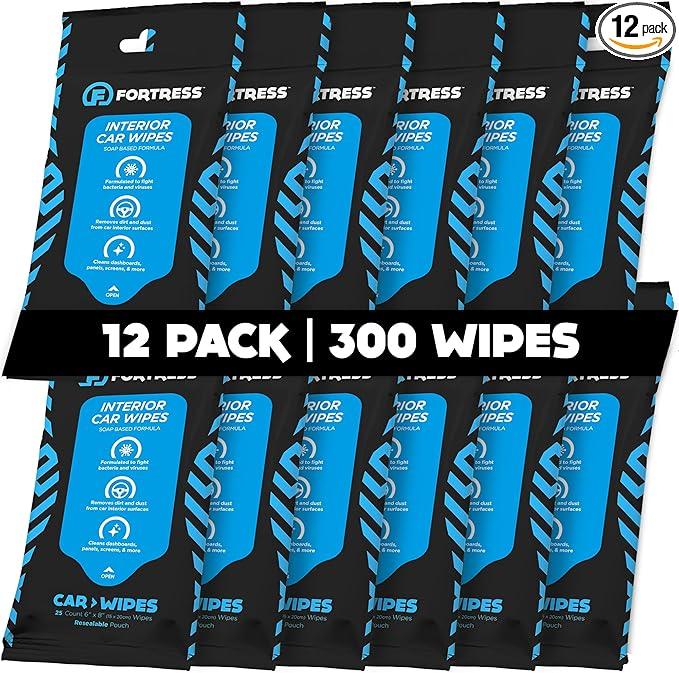 Fortress Car Interior Wipes (25 ct, Pack of 12) for Car Interior Cleaning, Dashboard, Seats, Detailing, and Steering Wheel [Travel Size] Skin-Safe Car Interior Cleaner Supplies - NeatNest