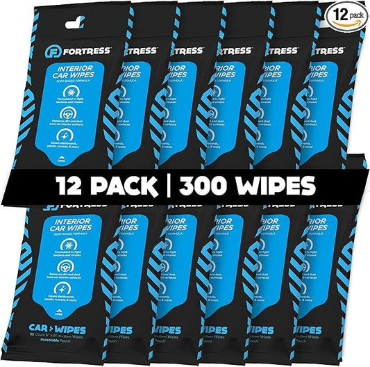 Fortress Car Interior Wipes (25 ct, Pack of 12) for Car Interior Cleaning, Dashboard, Seats, Detailing, and Steering Wheel [Travel Size] Skin-Safe Car Interior Cleaner Supplies - NeatNest