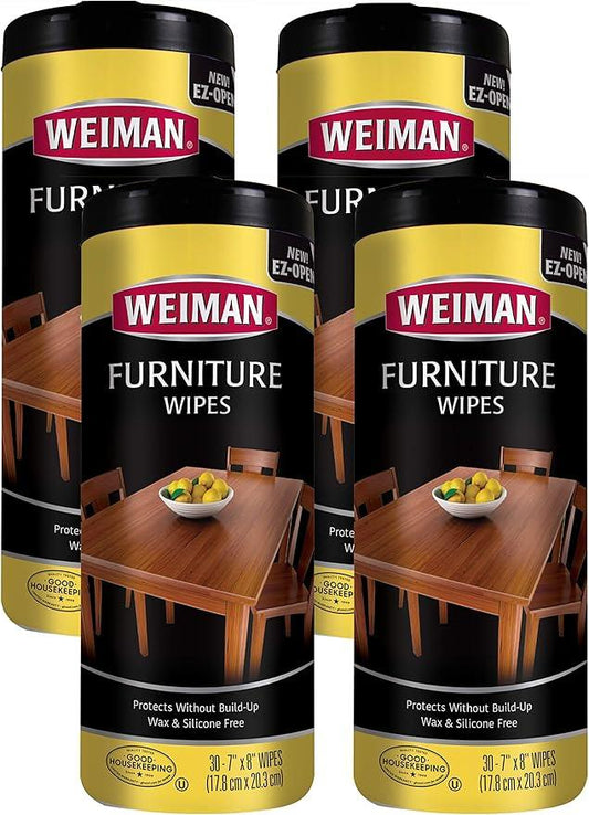 Weiman Wood Cleaner and Polish Wipes - 4 Pack (120 Wipes) - for Furniture to Beautify and Protect No Build-Up Contains Ultra Violet Protection Pleasant Scent Surface Safe - 30 Count Each,30 Count (Pack of 4) - NeatNest