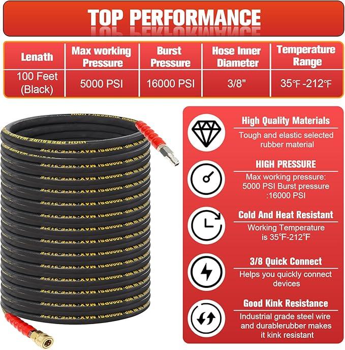 100FT Pressure Washer Hose 3/8''- 5000 PSI High Tensile Wire Braided Kink Resistant Power Washer Hoses Extension, Hot & Cold Water Max 140°F with 2 Pcs M22-14mm 3/8" Quick Connect Kits - NeatNest