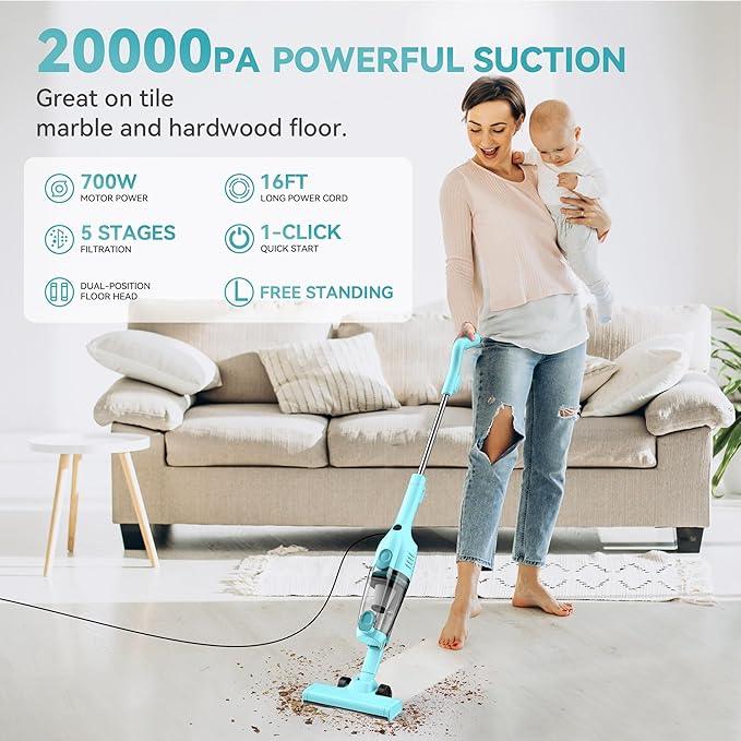 Vazone R6X Corded Stick Vacuum Cleaners for Home, 20Kpa Powerful Suction Stick Vacuum with 16Ft Cord, 2 in 1 Lightweight Vacuum Cleaner for Hardwood Floor Pet Hair (Green) - NeatNest