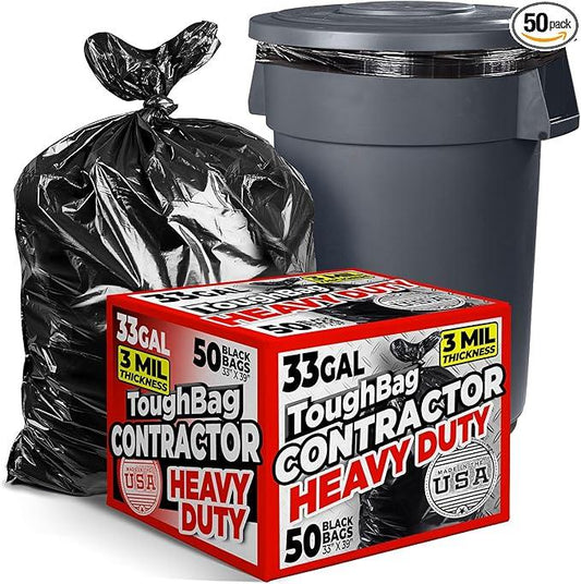 ToughBag 30-33 Gallon Trash Bags Heavy Duty (50 COUNT) 3 Mil Contractor Trash Bags – Heavy Duty Black Contractor Can Liners - Made In USA - NeatNest
