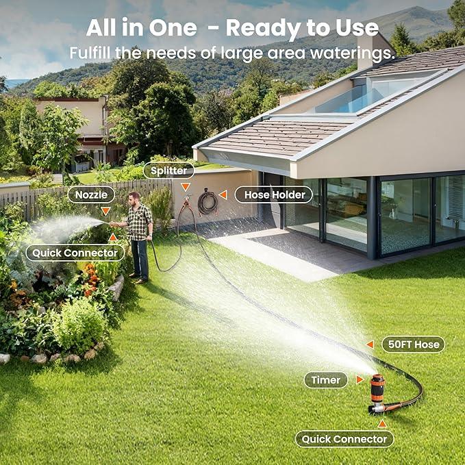 Giraffe Tools Garden Hose 50ft x 5/8", Water Hose Heavy Duty, Flexible with Hose Splitter, Nozzle and Yard Sprinkler, Lightweight Hybrid Hose with Swivel Handle, Male to Female Fittings, Burst 600 PSI - NeatNest