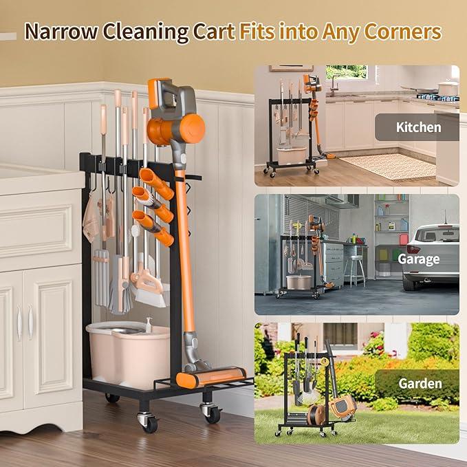 Broom Holder with Cleaning Supplies Organizer Load 160 LBS Cleaning Cart with Wheels Broom Closet Storage with 6 Mop Hanger Grippers, 3 Double-Hooks, Vacuum Stand for Laundry Garage Organization - NeatNest
