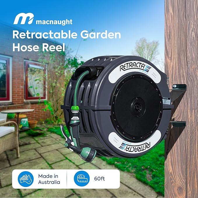 Macnaught Retractable Garden Hose Reel, 60 Ft Water Hose Reel Heavy Duty Retractable Hose with Metal 180° Swivel Rotation Bracket for Wall Mount - Gray - NeatNest