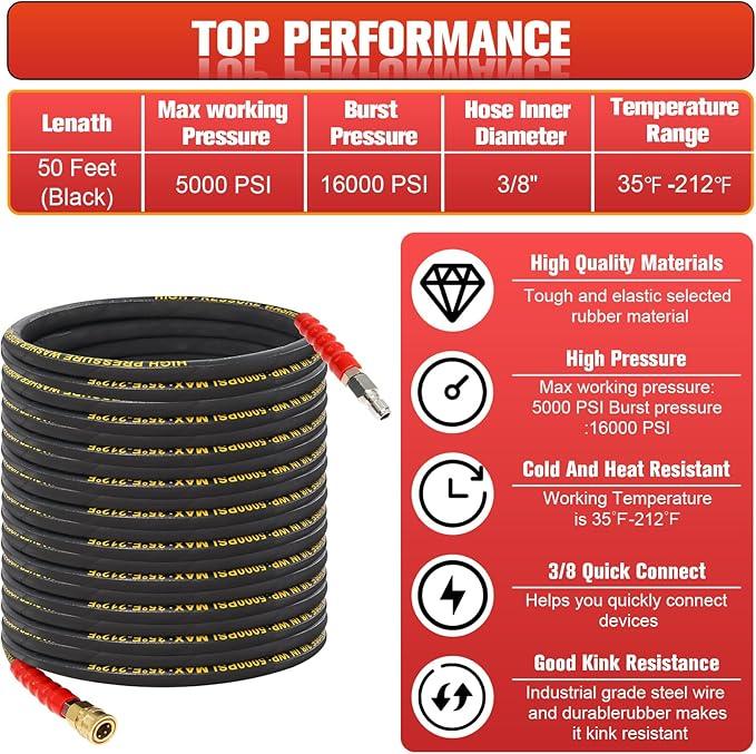 50FT Pressure Washer Hose 3/8''- 5000 PSI High Tensile Wire Braided Kink Resistant Power Washer Hoses Extension, Hot & Cold Water Max 212°F with 2 Pcs M22-14mm 3/8" Quick Connect Kits - NeatNest