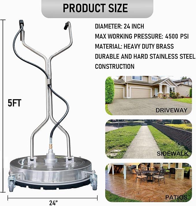 Hourleey 24" Pressure Washer Surface Cleaner with Dual Handles, Stainless Steel Surface Cleaner with 4 Wheels for Driveways, Pathway, Sidewalks, Patios, Decks, 4500 PSI with 3/8" Quick Connector Kit - NeatNest