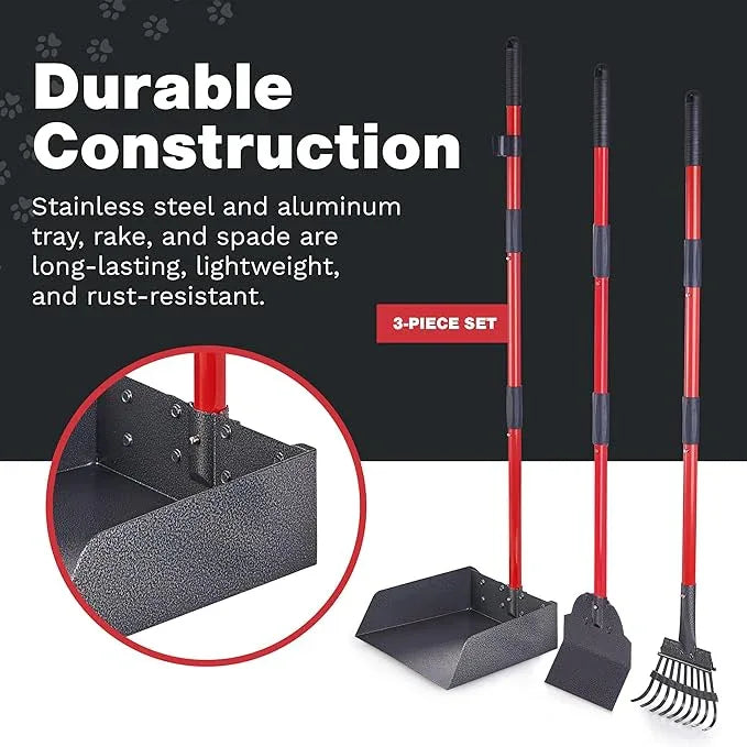 Pooper Scooper for Large Dogs, Small Dogs and Horses, Metal Poop Scooper Set with Long Handle Rake, Spade and Tray for Yard, Grass, Dirt or Gravel, Heavy Duty Aluminum Poop Picker Upper - NeatNest