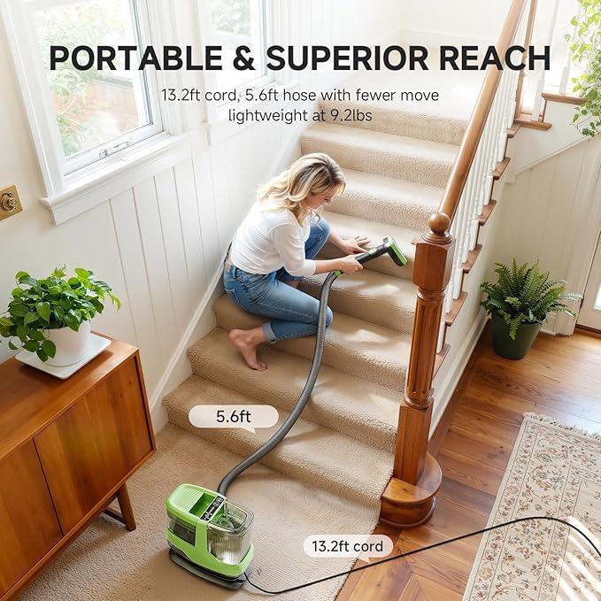 AAOBOSI Portable Carpet Cleaner Machine, 17Kpa Upholstery Steam Cleaner with Smart Voice Prompting, Self-cleaning, 4 Tools for Pets, Car, Couch and Stairs- C688, Green - NeatNest