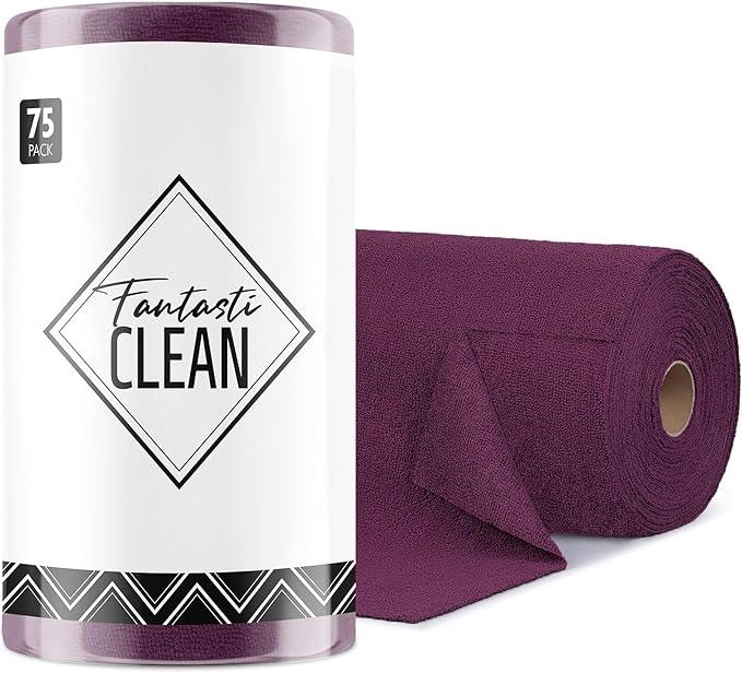 Fantasticlean Microfiber Cleaning Cloth Roll -75 Pack, Tear Away Microfiber Towels, 12" x 12", Reusable, Washable, Scratch Free, Ultra Absorbent for Car, Home Supplies (Dark Purple) - NeatNest