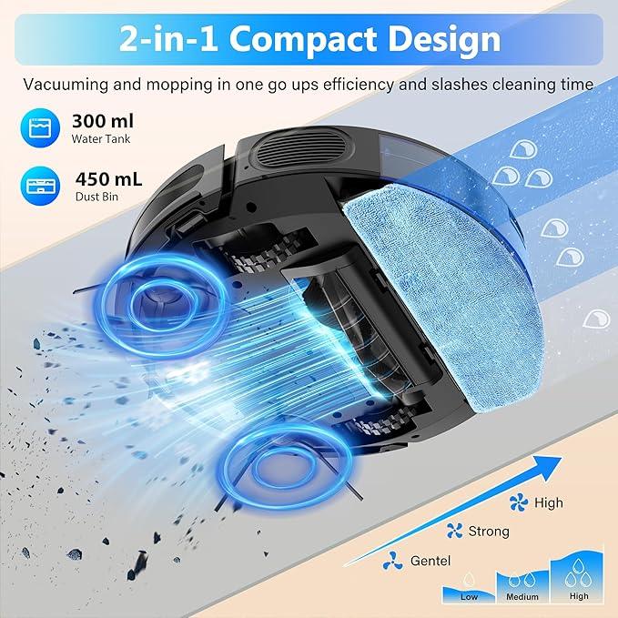 Tikom Robot Vacuum and Mop Combo, 5000Pa Robotic Vacuum Cleaner, 150 Min Max, App & Remote Control, Ideal for Hard Floor, Carpet, Pet Hair, Self-Charge(G8000 Max) - NeatNest