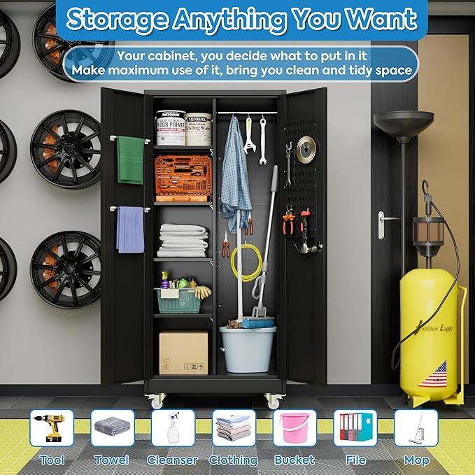 SUXXAN Broom Closet Storage Cabinet with13 Hooks and Hanging Rods, 71" Heavy Duty Cleaning Cabinet for Garage, Laundry Room - NeatNest