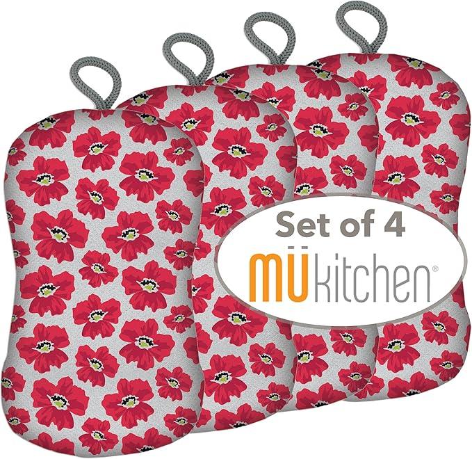 MÜkitchen Premuim Sponge for Dishes and Household Cleaning | Microfiber Print and Non-Scratch Scrub Pad | Set of 4 | (Petals) - NeatNest