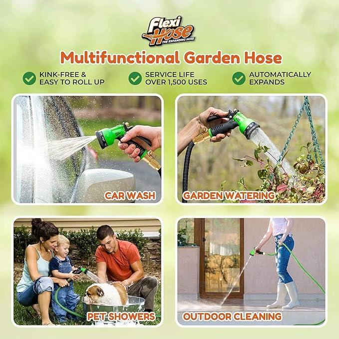 Flexi Hose Expandable Garden Hose with 8 Function Nozzle, 150FT - Lightweight Retractable Garden Hose, Water Hose - No-Kink Flexibility, 3/4 Inch Solid Brass Fittings and Double Latex Core - NeatNest