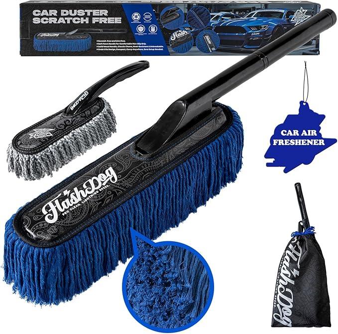 Flash Dog Wood Car Duster & Interior Brush Kit | Scratch-Free Waterless Exterior/Interior Cleaning for Car, SUV, Truck, RV | Waxed Cotton & Microfiber - NeatNest