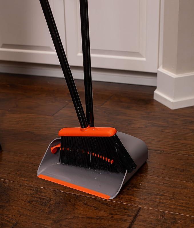 BirdRock Home Broom and Dustpan Set - Lobby Dust Pan - Orange and Grey Durable Set - Indoor or Outdoor - Sweep Combo Great for Kitchen, Home, Garage and Office - Clip On Self Cleaning Bristles - NeatNest