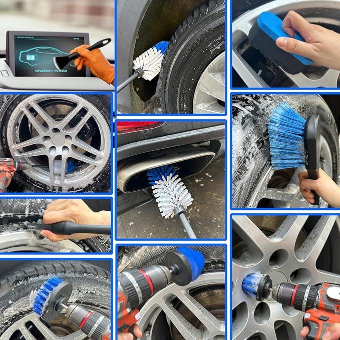 Wheel Brush Kit, Soft Drill Wheel Cleaner Brush, Tire Brush, Detailing Brush, and Detailing Pads, No Scratches Car Wheel Cleaning Kit for Wheels, Tire, Rims, Engines, Exhaust(Blue + White 9 Pk) - NeatNest
