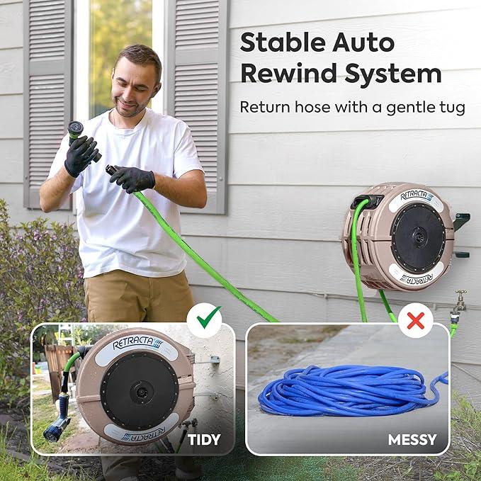 Macnaught Retractable Garden Hose Reel, 82 Ft Water Hose Reel Heavy Duty Retractable Hose with Metal 180° Swivel Rotation Bracket for Wall Mount - Beige - NeatNest