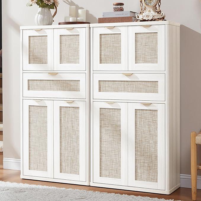 LEYAOYAO 48" Tall Storage Cabinet Set of 2,Rattan Bathroom Floor Cabinets with 2 Doors & 1Drawer,Boho Kitchen Pantry with Adjustable Shelves,Wooden Cupboard for Living Room,Home Office,White Cream Oak - NeatNest