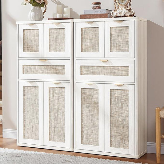 LEYAOYAO 48" Tall Storage Cabinet Set of 2,Rattan Bathroom Floor Cabinets with 2 Doors & 1Drawer,Boho Kitchen Pantry with Adjustable Shelves,Wooden Cupboard for Living Room,Home Office,White Cream Oak - NeatNest