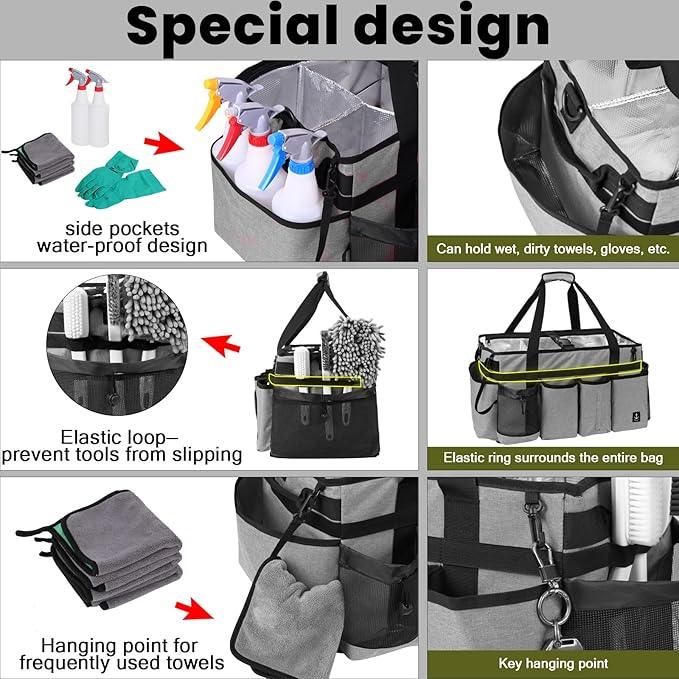 Extra large Cleaning Caddy Bag Built-in Sturdy Support Board, Cleaning Organizer with Detachable Divider, Cleaning Supply Tote with Adjustable Shoulder Strap (Grey, 19'' x 11'' x 11'') - NeatNest