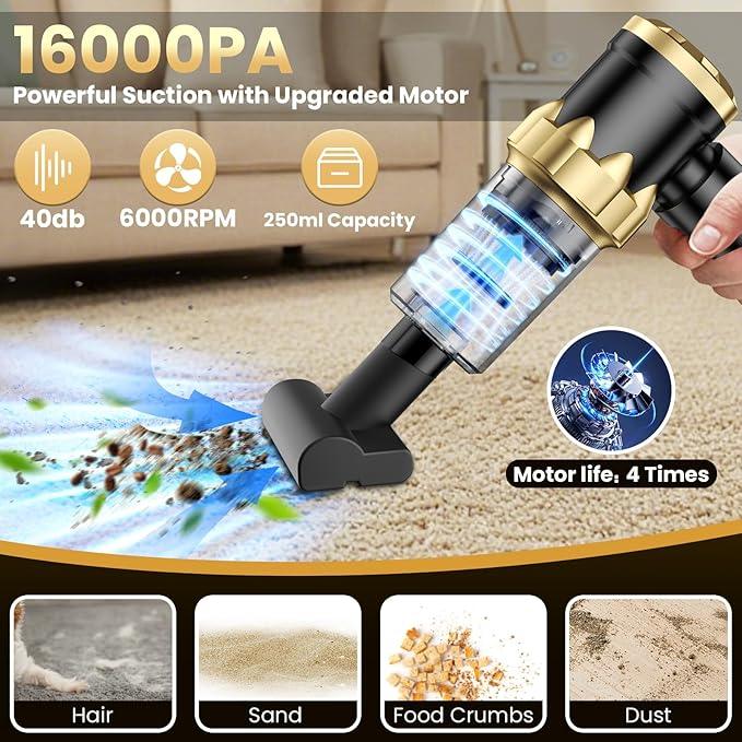 Car Vacuum Portable Cordless - Handheld Vacuum Cleaner with 16000PA Strong Suction, 7-in-1 Air Duster/Blower, Rechargeable Mini Vacuum with Long Battery, Multi-Nozzles for Car,Home, Office, Pet - NeatNest
