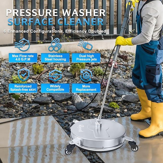 RAYNEL 18'' Pressure Washer Surface Cleaner with 4 Wheels, Stainless Steel Housing, 1/4" Quick Plug, 2 Extended Wands, 2 Replacement Nozzles and 5 Spray Nozzles - NeatNest