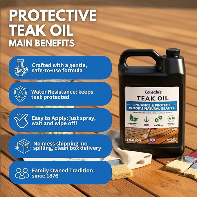 EcoDecors Loveable Teak Oil – 1 Gallon, Indoor and Outdoor Wood Protector, Marine-Grade, Plant-Based Formula, Deep-Penetrating Teak Treatment for Patio, Garden, Shower & Boat Wood Furniture - NeatNest