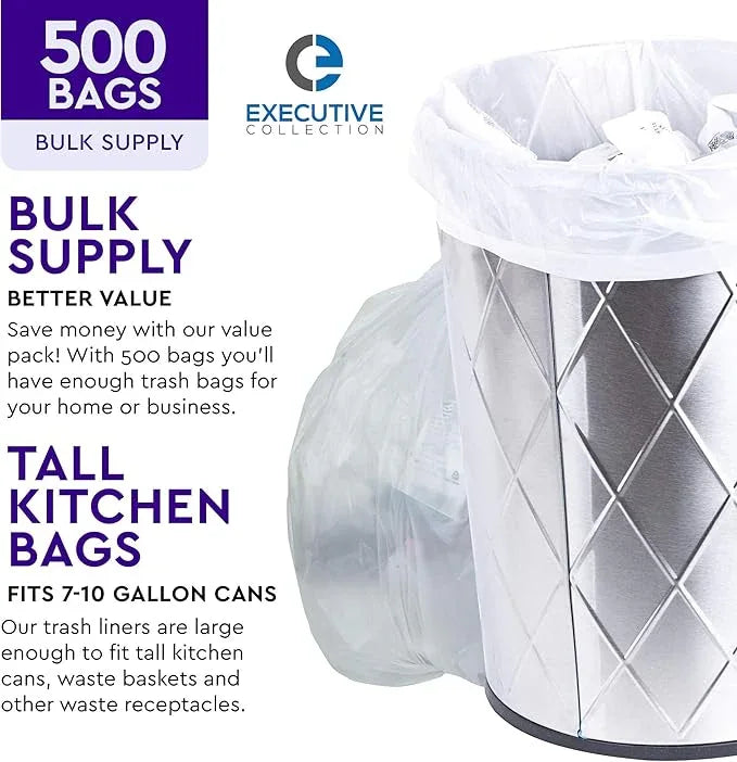 Clear 7-10 Gallon Trash Bags, 500 Bulk Pack - Medium Size Garbage Bin Liners for Office, Bedroom and Kitchen Wastebasket Cans - by Executive Collection - NeatNest