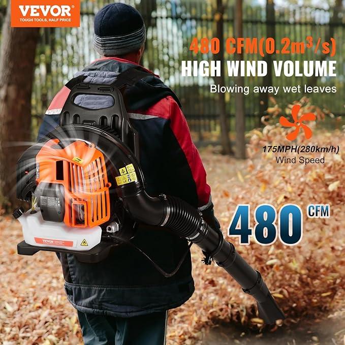 VEVOR Backpack Leaf Blower, 52CC 2-Cycle Leaf Blower with 1.37L Fuel Tank, 480CFM Air Volume 175MPH Speed, Ideal for Lawn Care, Leaf Cleaning, and Snow Removal - NeatNest