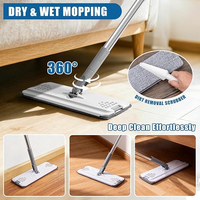 Flat Mop and Bucket Set with Floor Squeegee, Heavy Duty Scrub Brush, 2 Washable Reusable Microfiber Pads, for Tile Hardwood, Wall Cleaning, Home Indoor or Outdoor Cleaning (White-Gray) - NeatNest