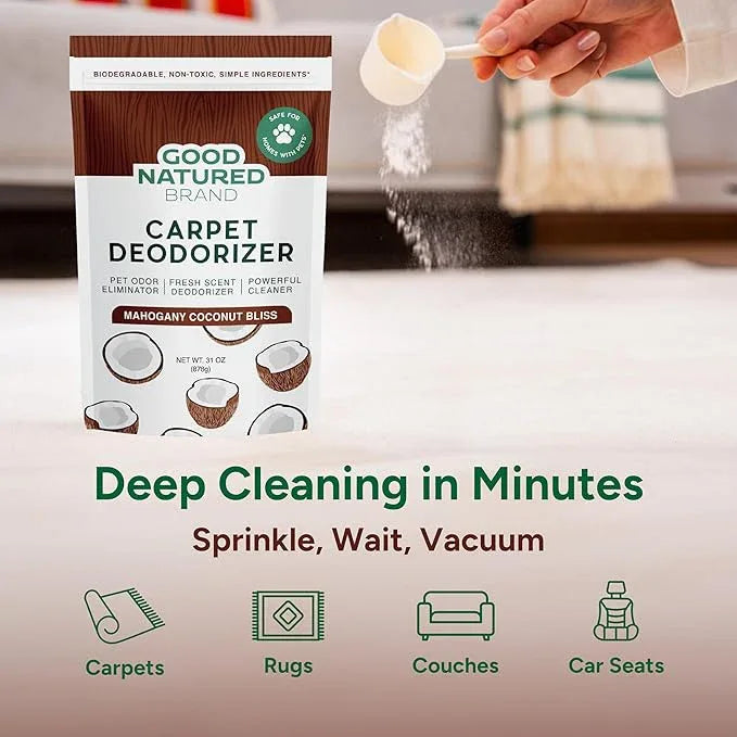 Good Natured Brand | Carpet Deodorizer & Freshener Powder | 31 oz Pet Odor Eliminator for Strong Odor & Pet Urine | Fresh Natural Mahogany Coconut Bliss Scent | Safe for Homes with Pets - NeatNest