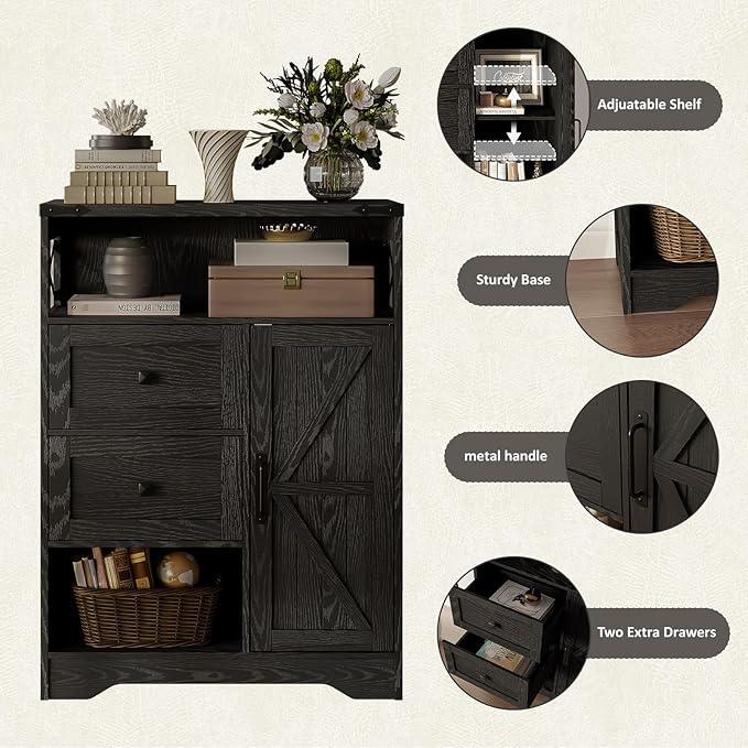Fameill Farmhouse Storage Cabinet with 2 Drawers & Shelves,Freestanding Kitchen Cabinet with Doors,Floor Storage Organization for Living Room,Bathroom,Laundry,Black - NeatNest