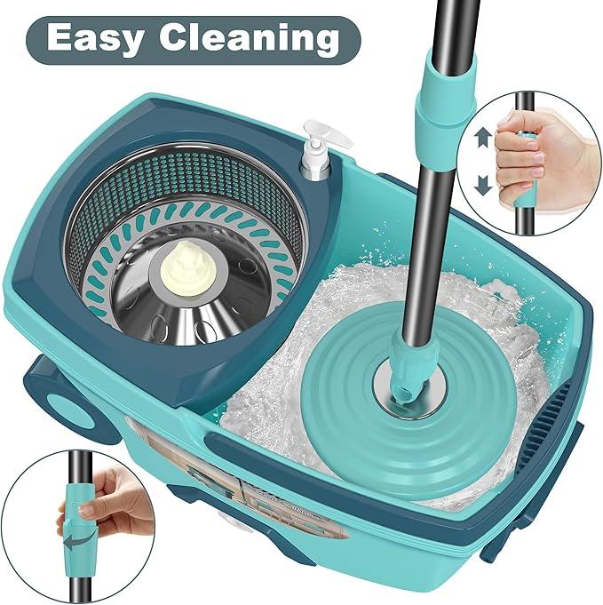 Spin Mop and Bucket System, Mop and Bucket with Wringer Set,Mops for Floor Cleaning,Household Supplies Tools with 3 Replacement Refills,61" Extended Handle for Household Hardwood Floor - Green - NeatNest