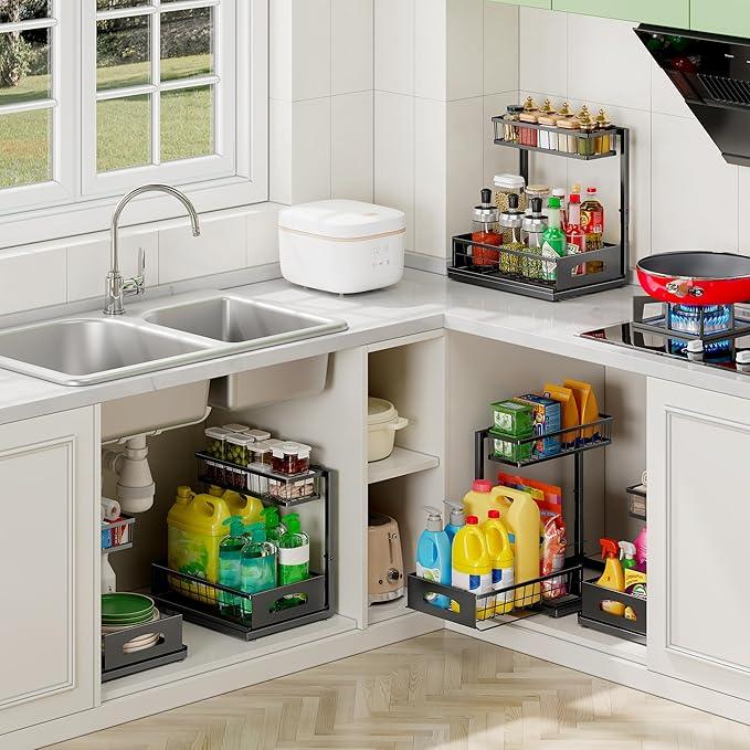 Under Sink Organizer and Storage, Height Adjustable Cabinet Organizer with Slide Out Drawer, Pull Out Under Sink Storage, Multi-Purpose 2 Tier Sink Shelves for Kitchen Bathroom Pantry (Black, 1 Pack) - NeatNest
