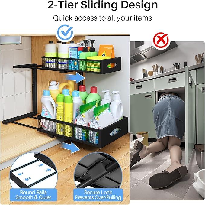Under Sink Organizer, 2 Pack 2 Tier Pull Out Under Cabinet Organizer Shelf with Pad for Framed Cabinets, Metal Slide Out Under Sink Storage, Mesh Sliding Drawers for Kitchen Bathroom Laundry, Black - NeatNest