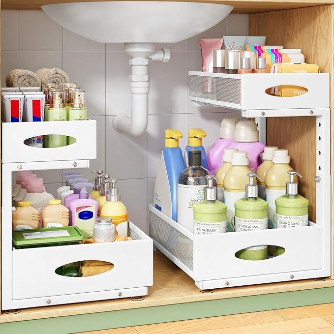 Under Sink Organizer, 1-Pack Pull Out Cabinet Organizer 2 Tier Metal Slide Out Storage Shelf Rack, L-Shaped Adjustable Height,Mesh Sliding Drawer for Kitchen, Bathroom, Laundry, Pantry, White, XL - NeatNest